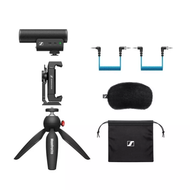 Sennheiser MKE 400 Mobile Kit - kondensatora superkardioīds mikrofons ar zemfrekvenču filtru un Manfrotto statīvs