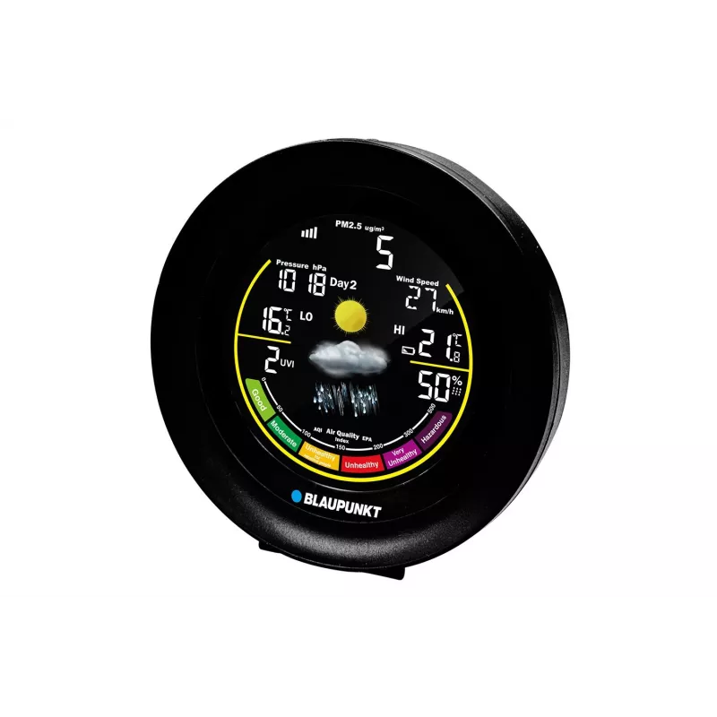 Laika stacija BLAUPUNKT WS35BK APP — LCD displejs, temperatūra un mitrums, modinātājs, kalendārs, lietotnes savienojums, 94×94×27 mm