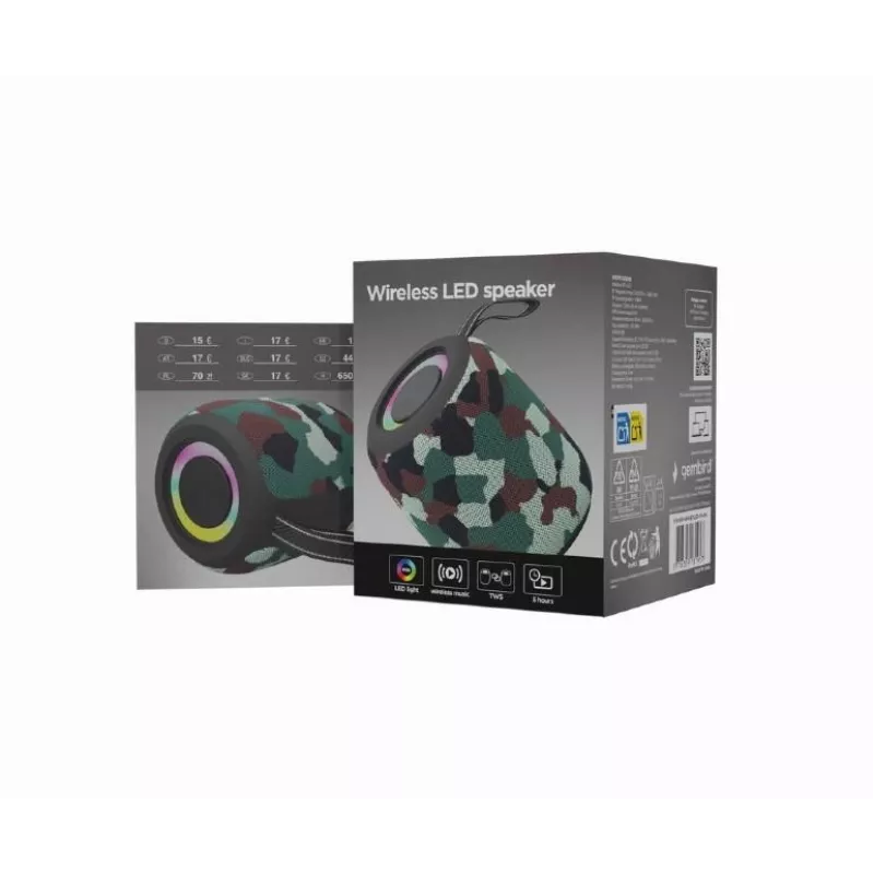 Gembird SPK-BT-LED-05-CM portatīvais Bluetooth skaļrunis ar LED, maskēšanās raksts