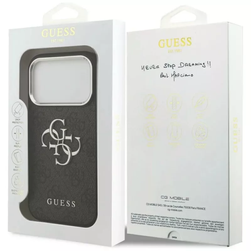 GUESS | Hardcase 4G | Aizmugures vāciņš | iPhone 17 Pro Max | Apple | Ekoloģiskā āda/PC/Plastmasa/TPU | Melns