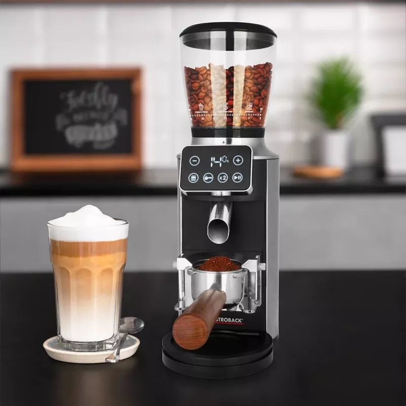 Kafijas dzirnaviņas GASTROBACK Design Pro Touch 30 — konusveida dzirnakmeņi, 300 g tvertne, 150 W, melna/caurspīdīga