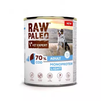 Slapjā suņu barība VETEXPERT Raw Paleo Cod Light Adult 800 g — konservēta, zivju garša, 11,3% olbaltumvielas, 1,7% tauki