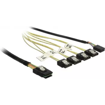 Iekšējais Mini SAS uz 4×SATA kabelis DELOCK 1 m — Mini SAS SFF-8087 uz 4×SATA 7 kontaktu, Melns/Sudrabs/Dzeltens