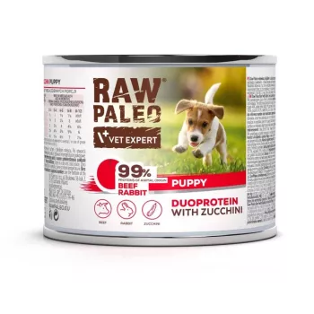 Slapjā suņu barība VETEXPERT RAW PALEO Duoprotein Liellopu gaļa & Trusis Kucēniem 200g