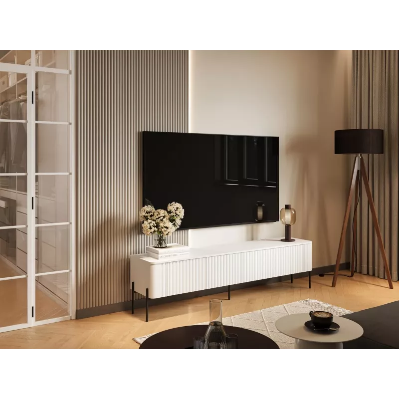 TV skapis Cama Meble VERA 190x40x50 cm, matēti balts, skaidu plātnes virsma
