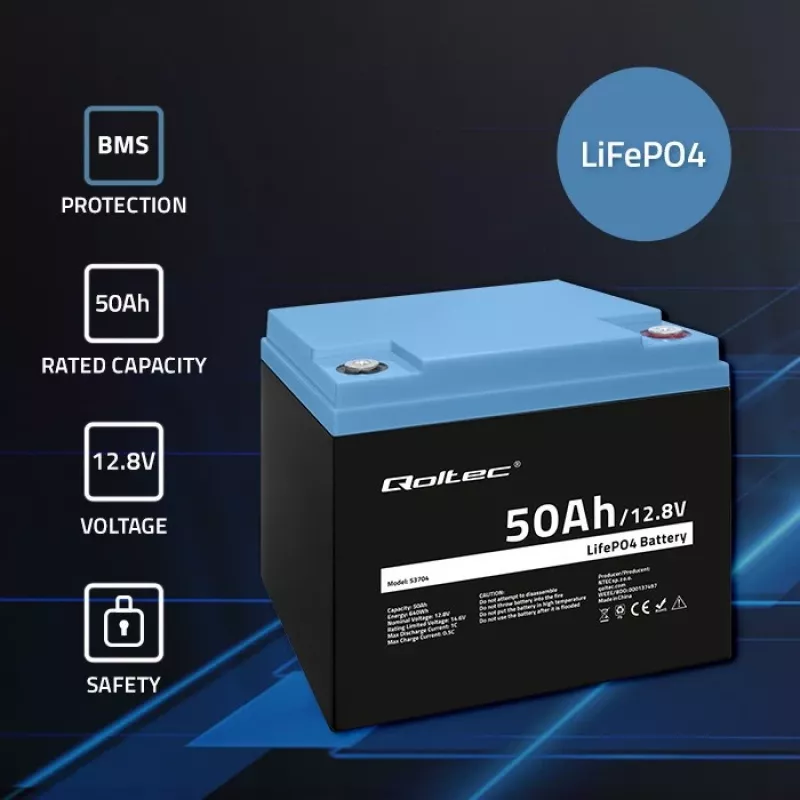 LiFePO4 akumulators QOLTEC 12.8V 50Ah (model 53704) rezerves barošanai un enerģijas uzkrāšanai