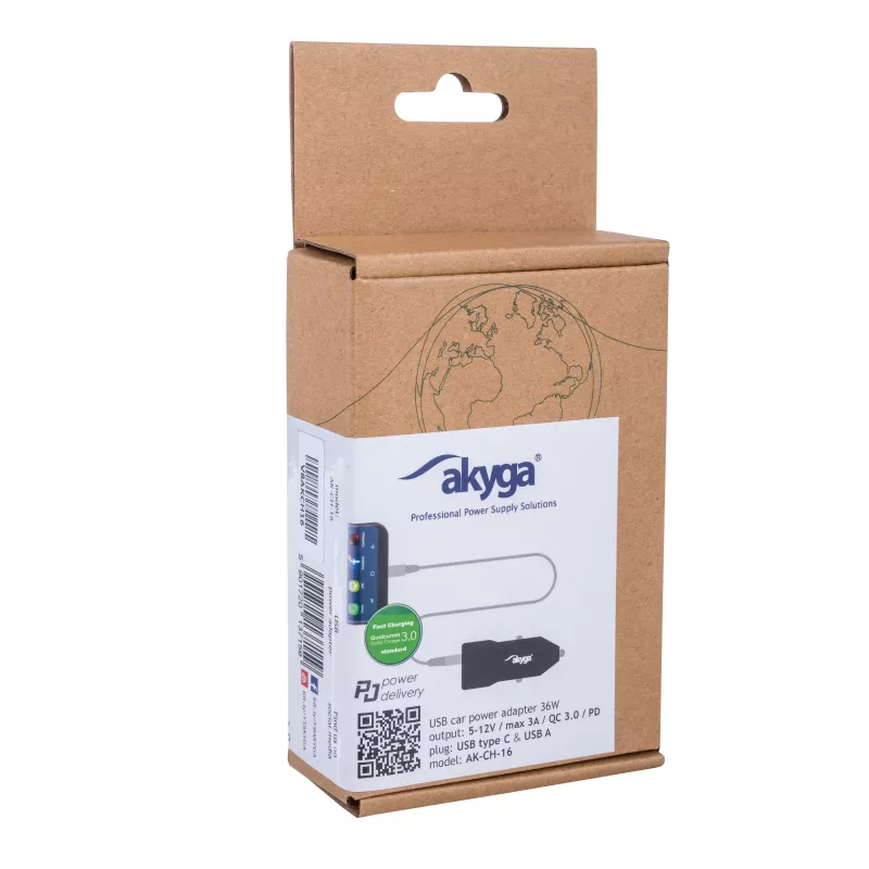 Automašīnas lādētājs 12/24V Akyga AK-CH-16 36W USB-A + USB-C PD Quick Charge 3.0 5-12V / 1.5-3A melns