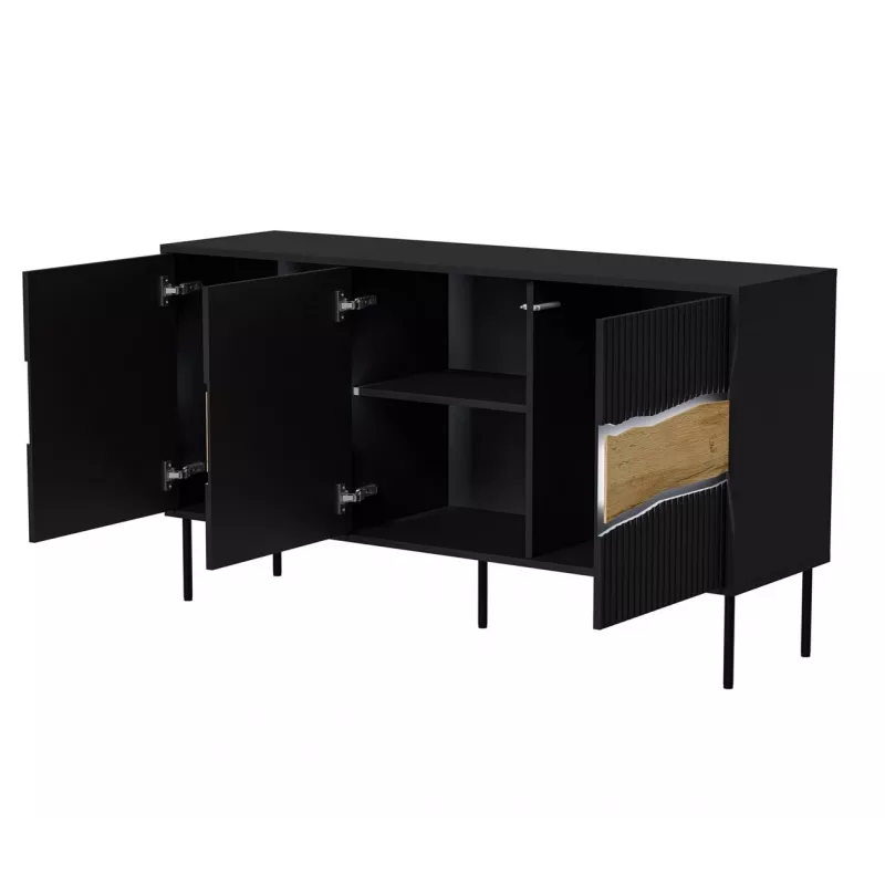 Kumode INSERTO 3D 143.5×40×80 cm melna ar LED, skaidu plātne, 16 mm rāmis