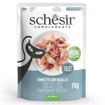 Slapjā kaķu barība Agras Pet Foods SCHESIR Tuncis ar heku želejā, 70 g, bezgraudu, bez sojas un lipekļa