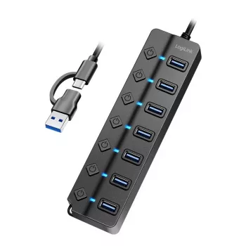 USB 3.2 Gen1 7 portu centrmezgls ar ieslēgšanas/izslēgšanas slēdžiem, melns