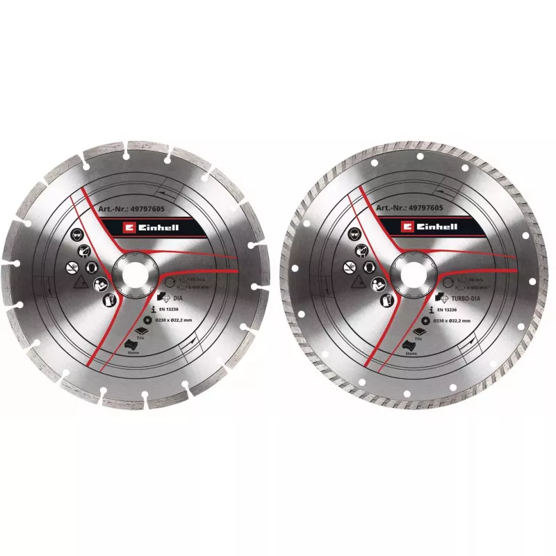 Dimanta griešanas disku komplekts leņķa slīpmašīnām EINHELL 230×22,23×1,8 mm, turbo mala, 2 gab.