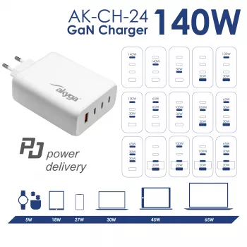 Akyga AK-CH-24 GaN USB lādētājs 140 W, 3 x USB-C PD + USB-A, balts