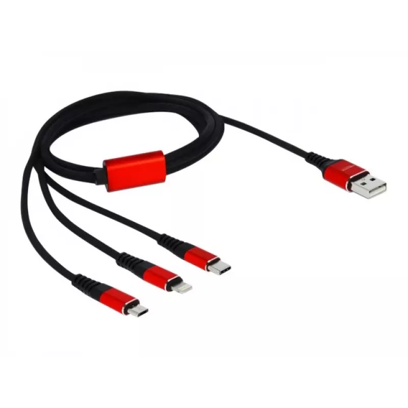 DeLOCK kabelis tikai uzlādei - Lightning / USB - USB (vīr.) uz Micro-USB Type B, Lightning, USB-C (vīr.) - 1,0 m - Ekranēts - Melns (85892)