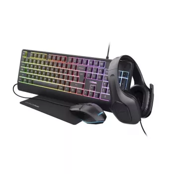 Trust GXT 792 QUADROX spēļu komplekts — tastatūra, pele, austiņas un paliktnis, USB, QWERTY, melns
