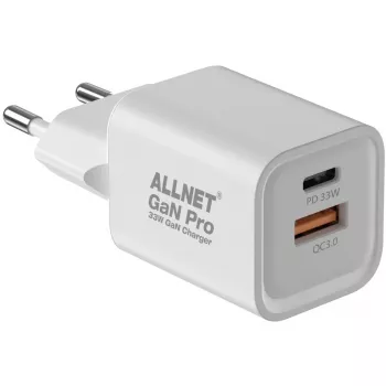 ALLNET PSU-GaNPD-USB-1A1C-33W lādētājs — 33W GaN sienas lādētājs ar USB-C PD un USB-A QC, EU kontaktdakša