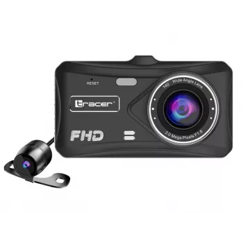 Dashkamera TRACER 4TS Full HD divu kanālu auto reģistrators, 2 MP galvenā, 0.4 MP salona, 140°/60° leņķi, 4 collu IPS ekrāns, 150 mAh akumulators, alumīnija korpuss, autostāvvietas režīms