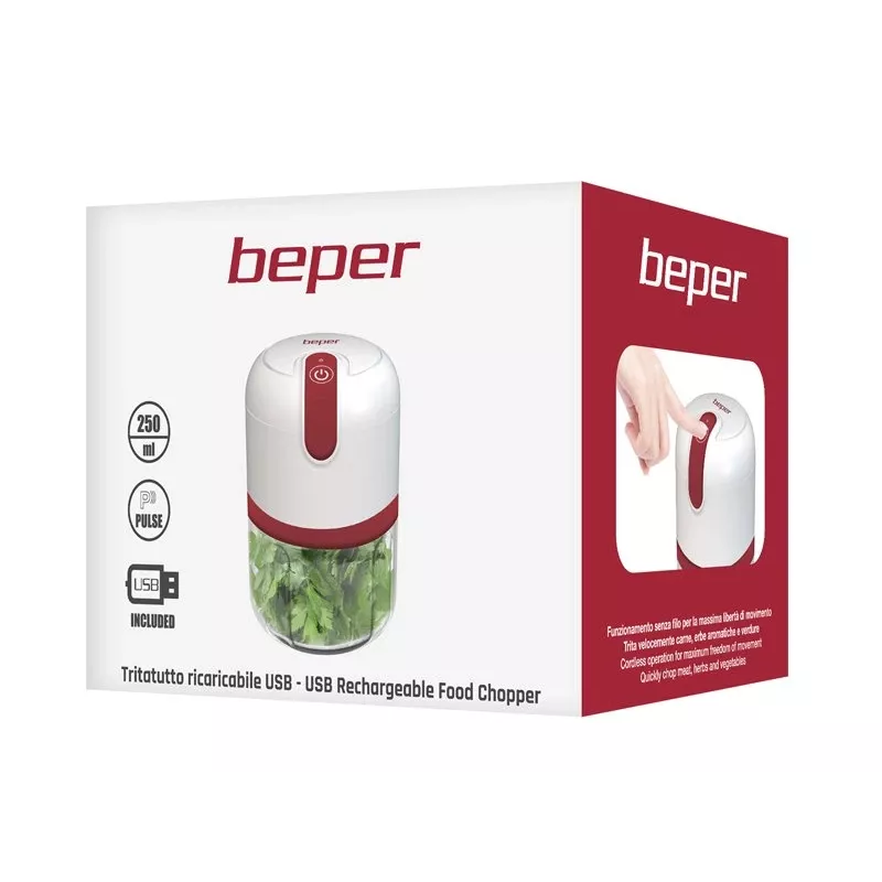 Beper P102ROB050 ar USB uzlādējams pārtikas smalcinātājs, 0,25 L, 30 W, balts/sarkans