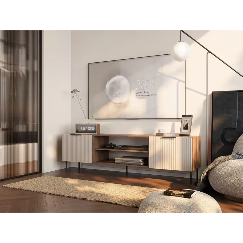 TV skapis Cama ALMERA 180.5×42×52.5 cm valrieksts/krems – skaidu plātnes virsma, valrieksta rāmis
