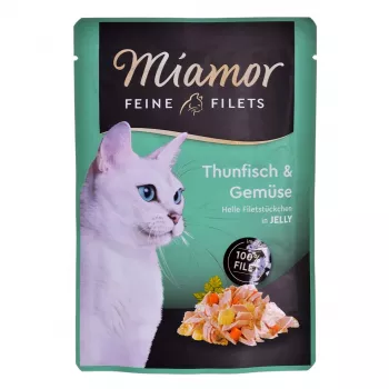 Slapjā kaķu barība Miamor Fine Fillets in Jelly 100 g — zivs ar burkānu, pieaugušiem kaķiem, sacepums