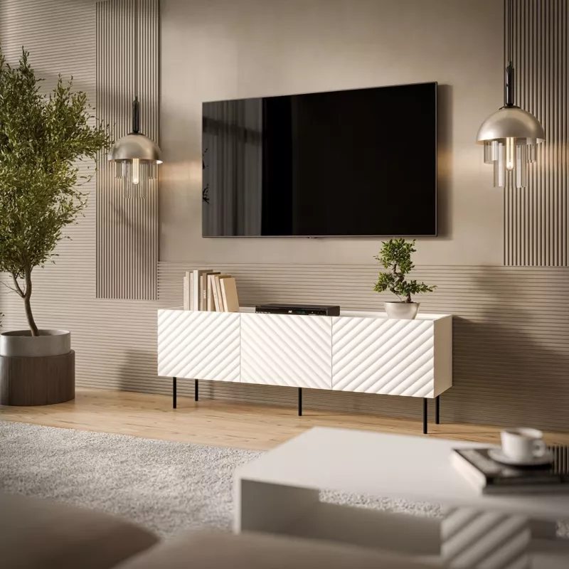 TV skapis Cama LUCCA 3D 165×40×59 cm, balts, skaidu plātnes virsma