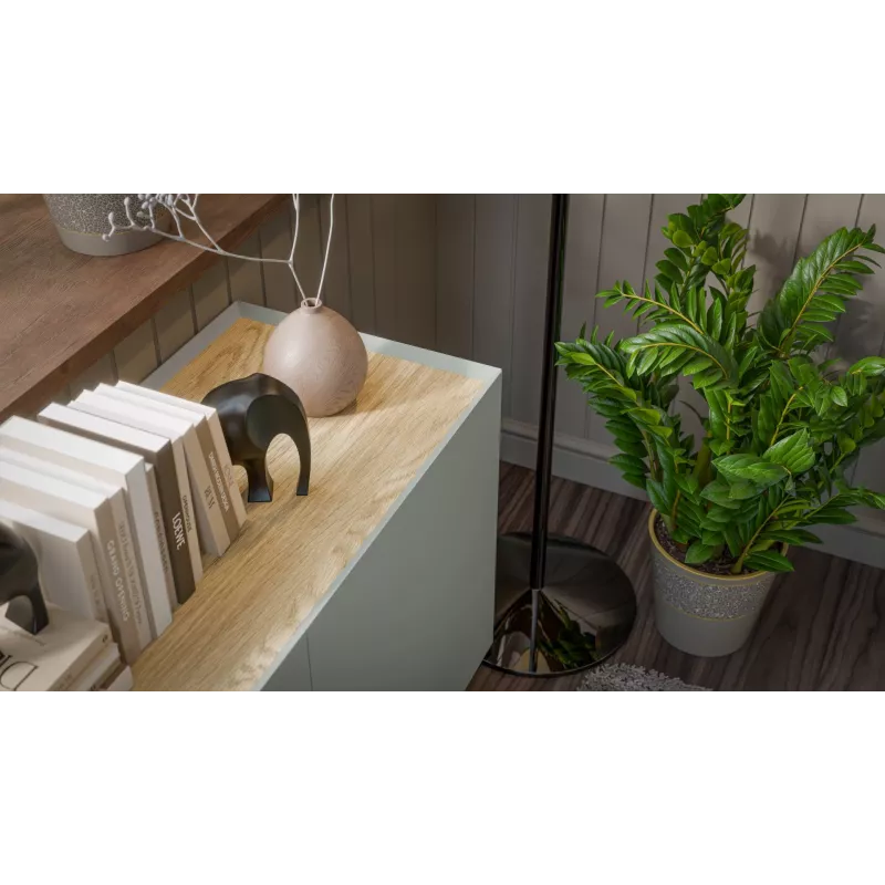 Kumode cama meble FELLINI 150×40×70 cm, olīvu ar eļļota ozola virsmu, MDF rāmis