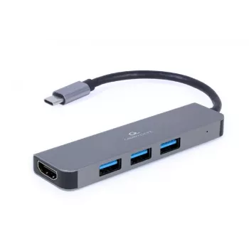 USB-C klēpjdatora dokstacija GEMBIRD A-CM-COMBO2-01 — USB 3.2 Gen 1 Type-C, 3× USB-A, 1× HDMI, pelēka