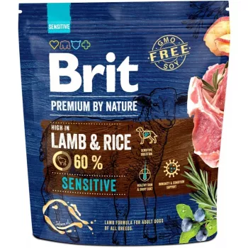 Sausā suņu barība Brit Premium by Nature Sensitive Jērs & Rīsi 1 kg — pieaugušiem suņiem, proteīns 26%, tauki 13%, bez glutēna