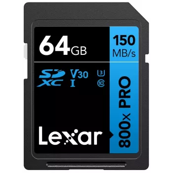 Lexar 64 GB SDXC UHS-I 800xPRO atmiņas karte — Class 10, U3, V30, 150 MB/s