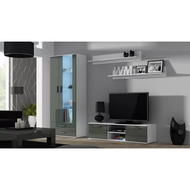 TV statīvs cama meble SOHO 140 — 1400×430×370 mm, balta virsma, skaidu plātne, balts rāmis, balts/pelēks spīdums