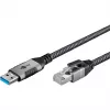 USB-A 3.2 Gen1 uz RJ-45 tīkla adaptera kabelis, 2 m, pīts tekstila apvalks, melns/sudrabs