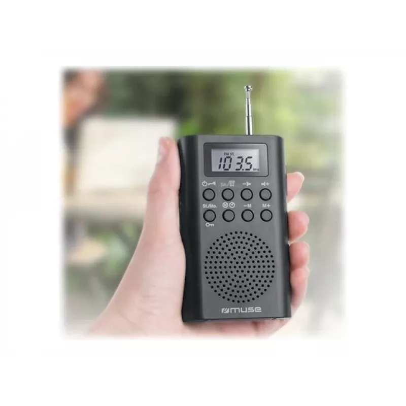 Pārnēsājamais radio Muse M-03 R ar FM PLL uztvērēju, LCD displeju, ārējo antenu, melns