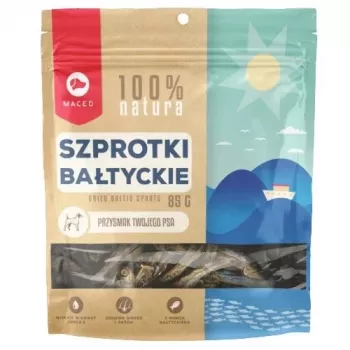 Suņu gardumi MACED Sprats 85 g — zivju našķis pieaugušiem suņiem, olbaltumvielas 49%, tauki 38%, bez konservantiem un lipekļa