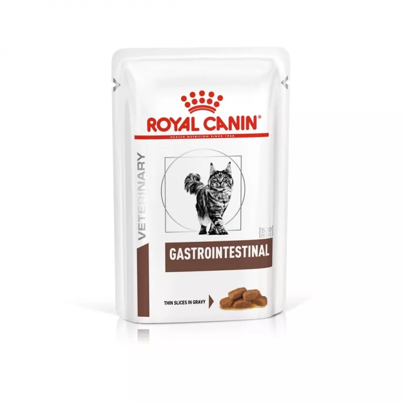 Slapjā barība kaķiem Royal Canin Gastrointestinal 85 g paciņa — gaļa, 12 x 85 g, pieaugušiem kaķiem, gremošanas problēmām
