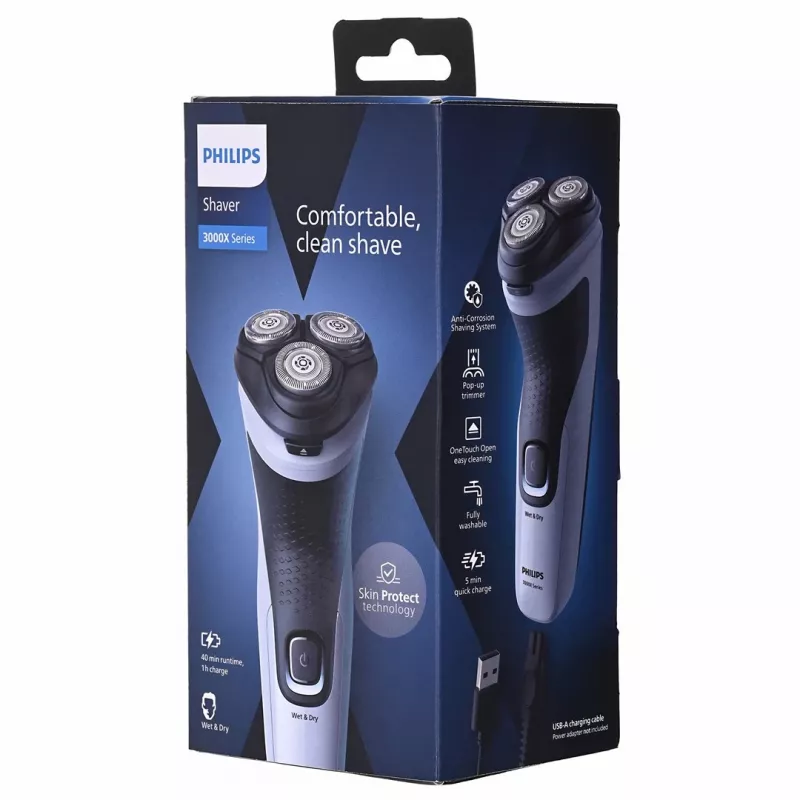 Elektriskais rotācijas skuveklis Philips 3000X Series X3003/00 — 3 galviņas, slapjai/sausai skūšanai, NiMH akumulators, 40 min darbība