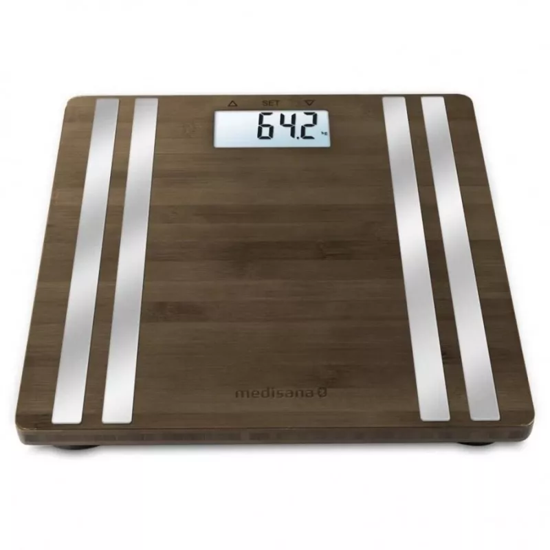 Medisana BS 552 elektroniskie personīgie svari — sudraba bambusa virsma, maks. 180 kg, 100 g precizitāte, Bluetooth, ĶMI, ķermeņa sastāvs