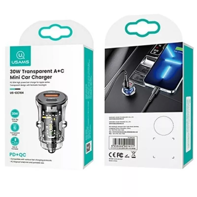 usams CC164CC01 30W auto lādētājs ar 1×USB-A un 1×USB-C ātrai uzlādei