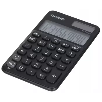 Kalkulators CASIO SL-310UC-BK — 10 cipari, baterija/saule, nodokļu un peļņas funkcijas, kabatas izmērs (70×118×8.4 mm), melns