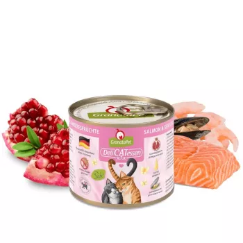 Slapjā barība kaķiem Fox4Pets DeliCATessen lasis jūras veltes 200 g skārdenē, pilnvērtīga pieaugušo diēta, 10.2% proteīns, 5.5% tauki, 80% mitrums