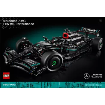 LEGO Technic modelis Mercedes‑AMG F1 W14 E Performance — 1432 gabali, ieteicamais vecums 18+