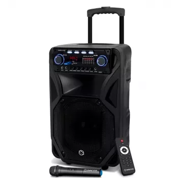Portatīvā karaoke skaļrunis MANTA SPK5021PRO 20W, 12 collu zemfrekvences skaļrunis, 80W RMS, Bluetooth, akumulators līdz 5h, SD/USB, mikrofona un ģitāras ieejas