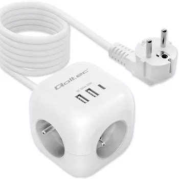 Power Cube QOLTEC 52547 kontaktligzdu bloks 3×AC ligzdas, 2×USB-A, 1×USB-C PD 20W