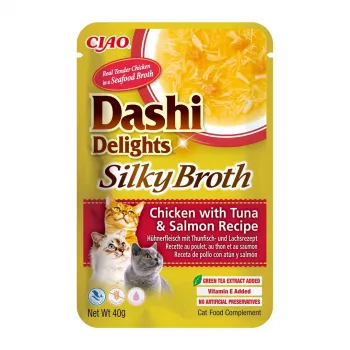 Slapjš kaķu gardums INABA Dashi Delights Silky Broth — Vistas gaļa ar tunzivi un lasi, 40 g paciņa, 93% mitrums, gremošanas atbalsts