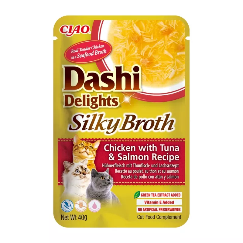 Slapjš kaķu gardums INABA Dashi Delights Silky Broth — Vistas gaļa ar tunzivi un lasi, 40 g paciņa, 93% mitrums, gremošanas atbalsts
