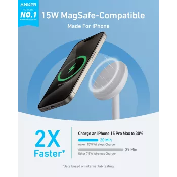 Anker MagGo bezvadu lādētājs balts USB ātrai uzlādei iekštelpām