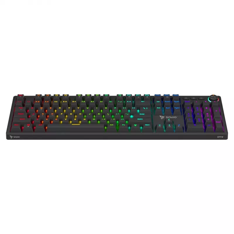 Mehāniskā spēļu tastatūra SAVIO STYX Outemu Blue Hot-Swap RGB USB QWERTY US International Melna 104 taustiņi