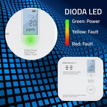 Oglekļa monoksīda sensors QOLTEC 52577 — ar bateriju darbināms, 85 dB signāls