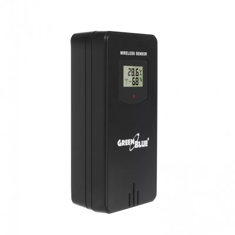 Hidrometra termometrs GreenBlue GB540 — iekštelpu 0–50°C / āra -20–65°C, DCF pulkstenis, āra sensors 60 m, melns