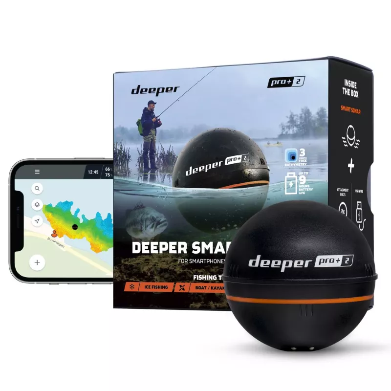 Deeper Smart Sonar PRO+ 2 metamais zivju meklētājs, 100/240/675 kHz, 100 m dziļums, Wi-Fi, GPS, līdz 9 h, melns