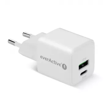 Sienas lādētājs everActive SC-330Q ar 1x USB-A un 1x USB-C portiem, 20W, balts