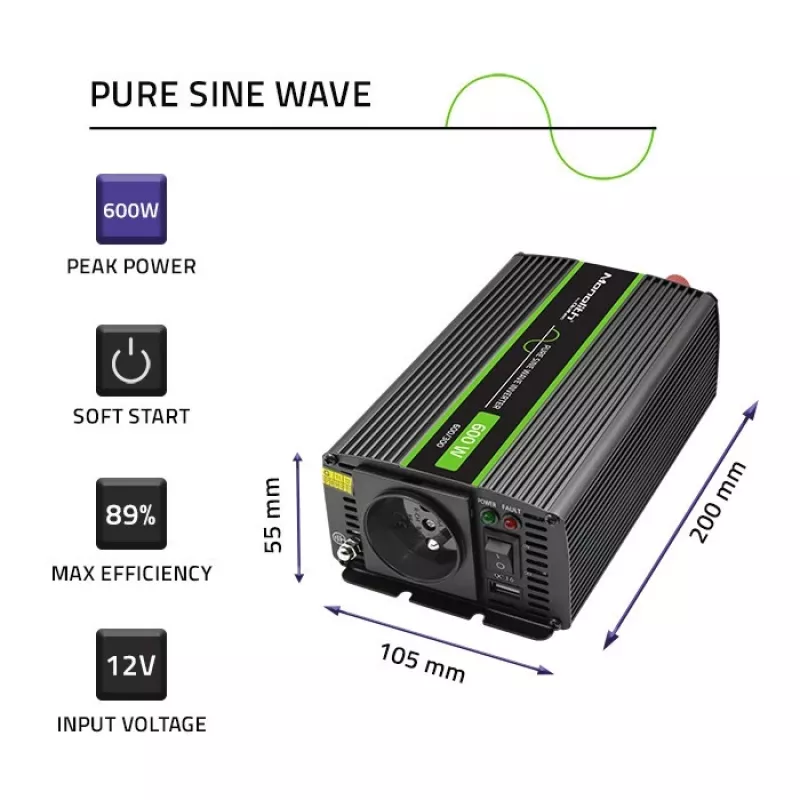 Qoltec Monolith invertors barošanas avots Auto 600 W 12 V